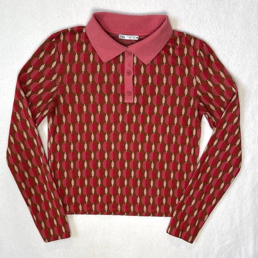 Zara Geometric Polo Shirt Womens Medium Pink Red Retro Long Sleeve Excellent