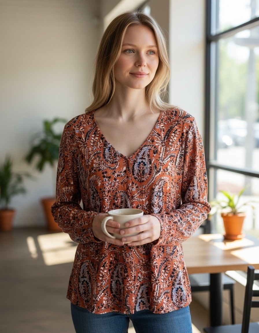SPARTINA 449 Womens Large Button-Front V-Neck Top Paisley Floral Lightweight