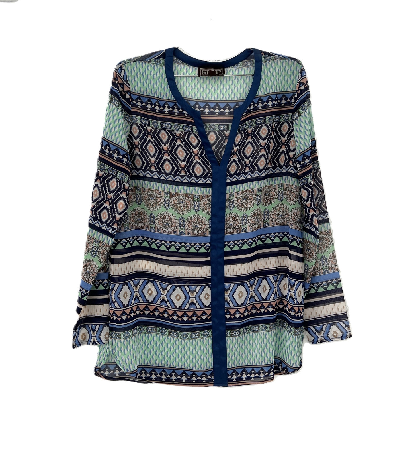 CG70801 Cowgirl Up Sheer Tribal Printed Pull Over Blouse W/ Satin Trim Small