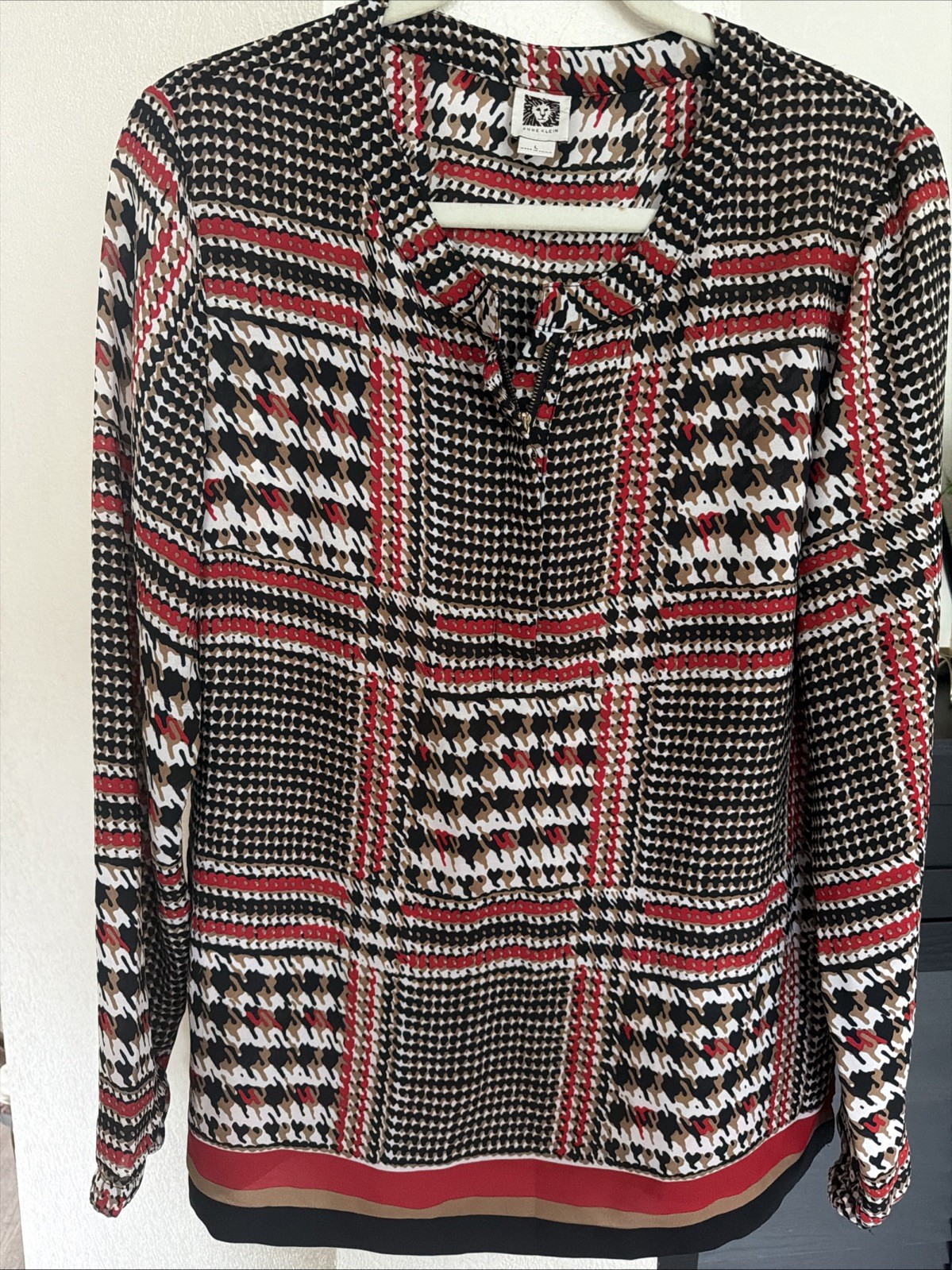 Anne Klein Women’s Brown Ivory V-Neck Long Sleeve With Zipper Blouse Size Large