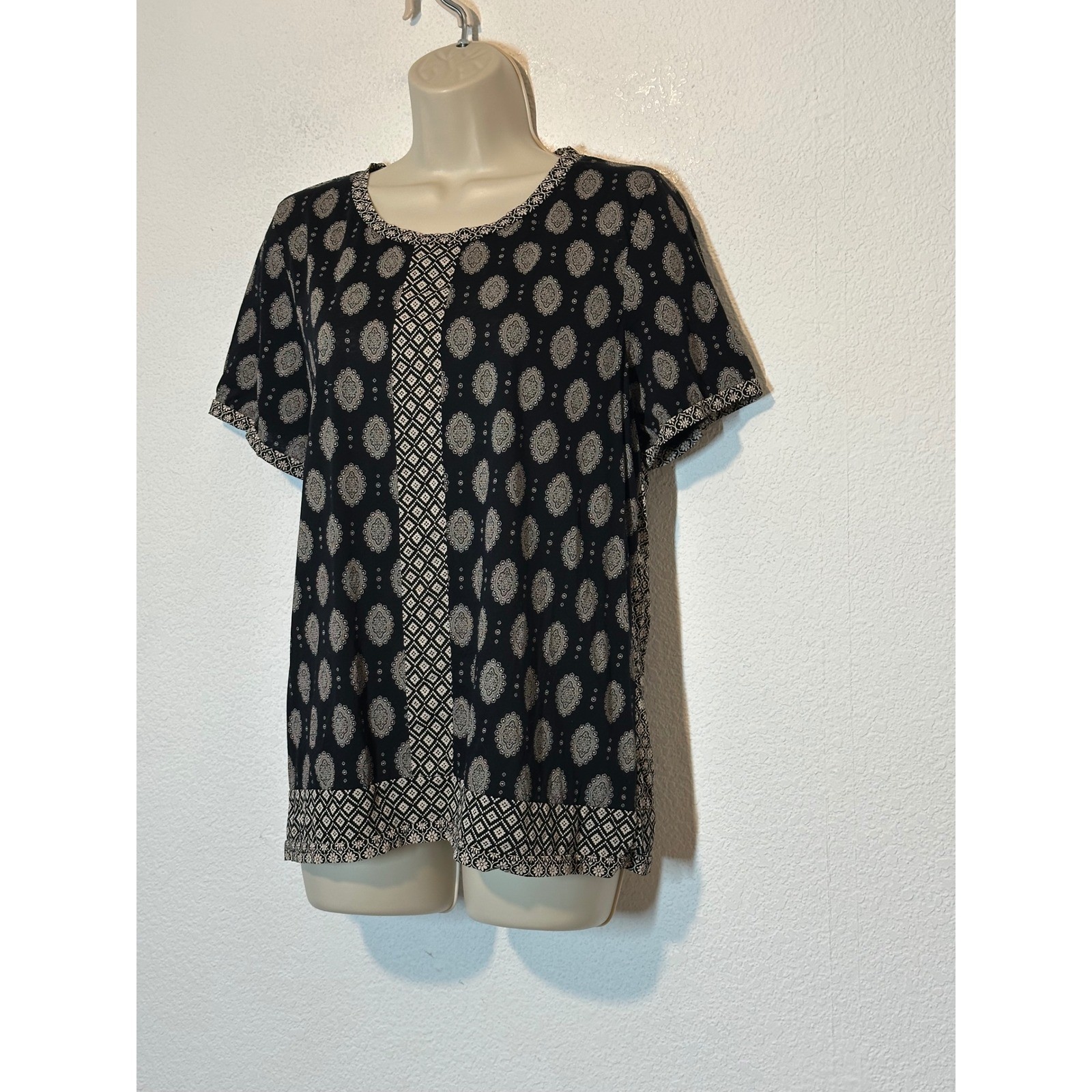 J.Crew Womens Black Cream Medallion Geometric Tile Print Cotton Blouse Large