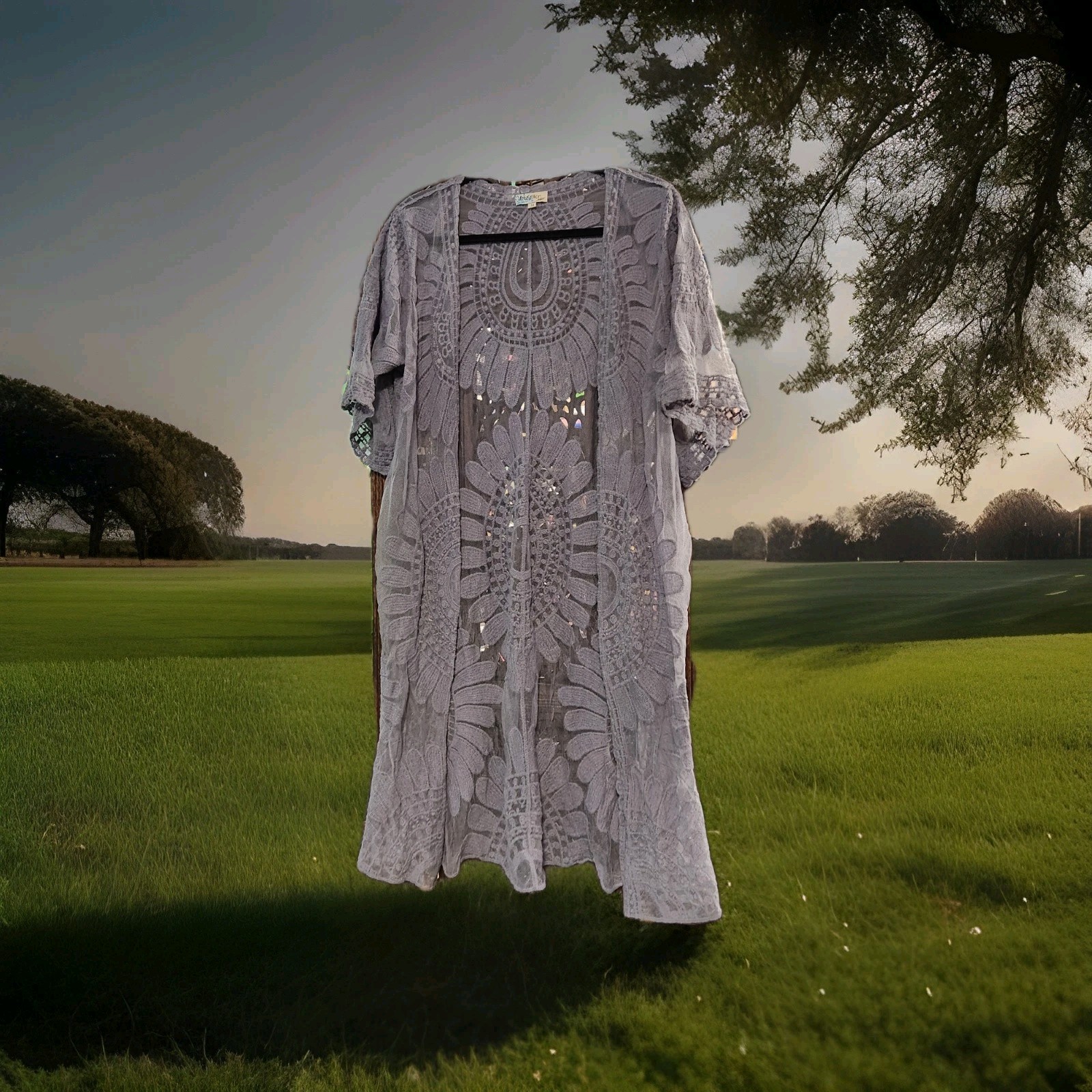 Rebellion Again SZ M Boho Embroidery Cardigan Beach Cover Gray Duster Kimono