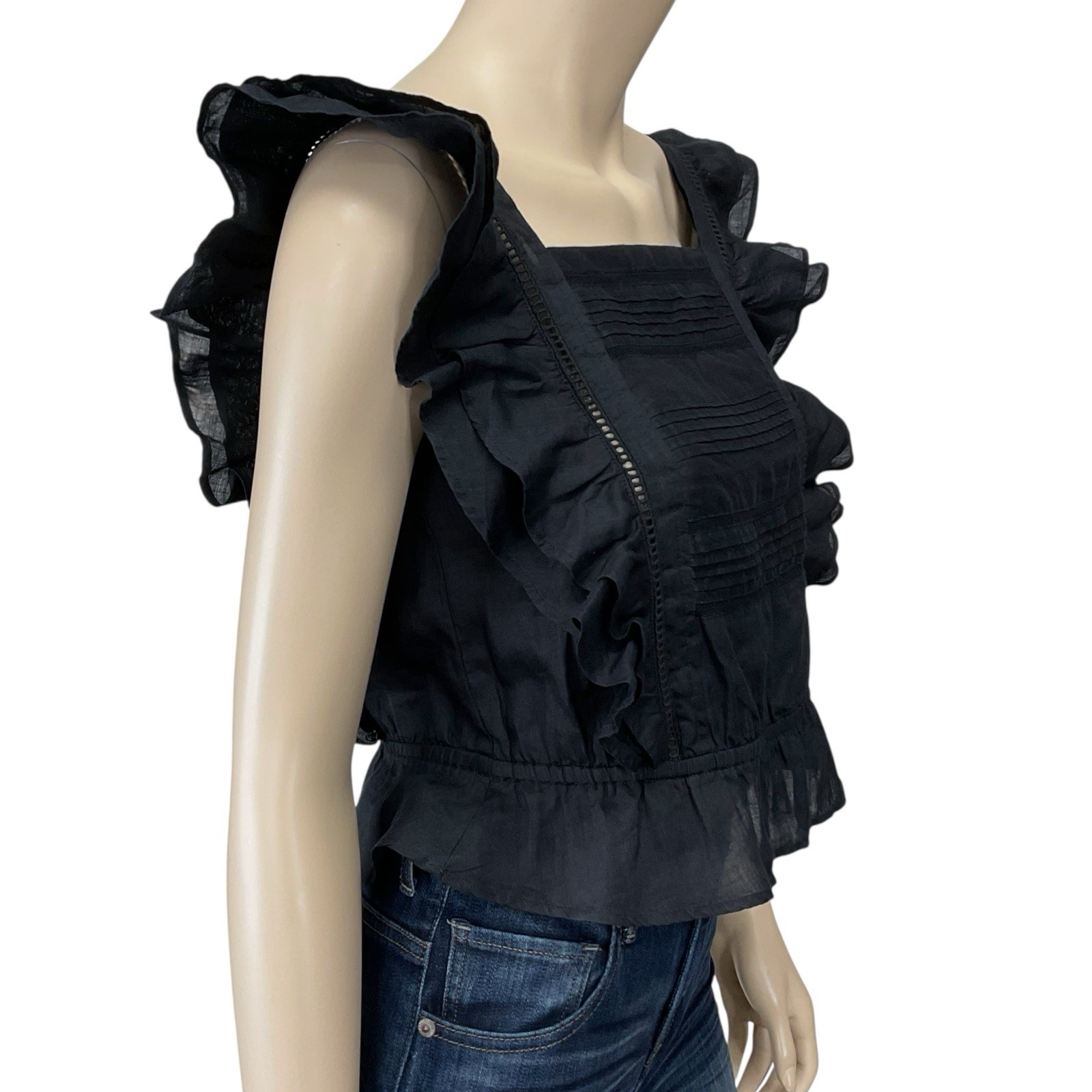 Scotch & Soda Top Women XS Black Sleeveless Ruffle Square Neck Button Ramie NWOT