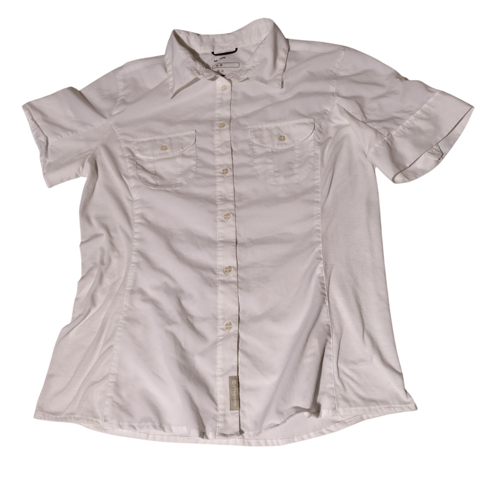 Merrell Women’s Large Shirt White Active Outdoor Button Down Roll Tab Short Slee