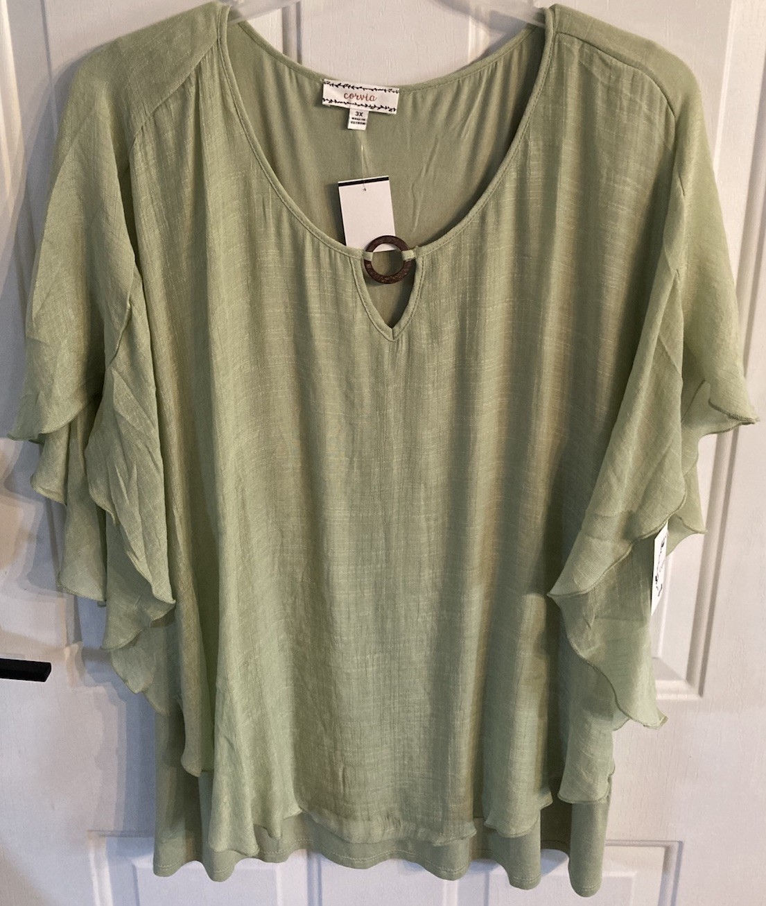 Corvia WMN 3X Top Cotton Pullover Flared Short Sleeve Cropped Celery Green NWT