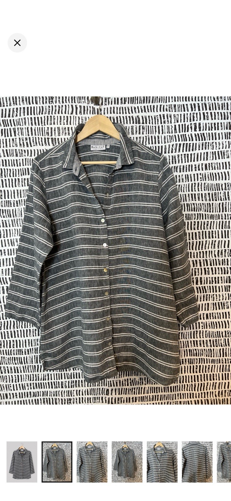 Habitat Gray White Striped Button-Up Collared 3/4 Sleeve Cotton Woven Top L