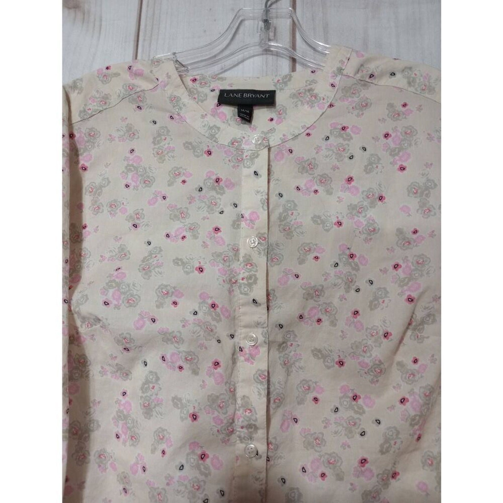 Lane Bryant Womens Floral Print Button Front Shirt Size 14 16 Beige Pink Gray