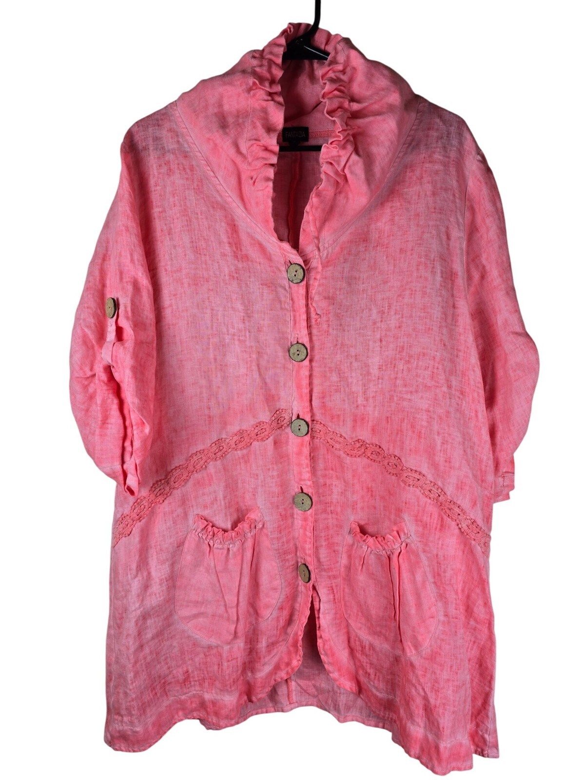 Fantazia Pink Oversized Lagenlook Ruffled Button-Front Linen Jacket With Pockets