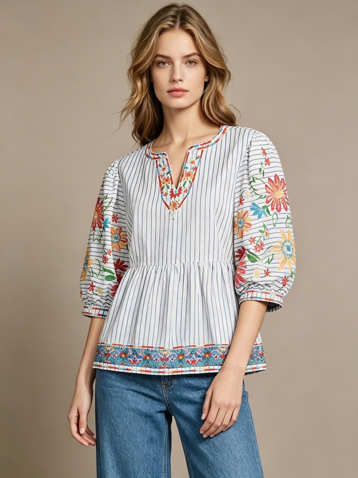 NWOT John Mark Embroidered Floral Stripe 3/4 Sleeves Top Blouse Shirt Size L
