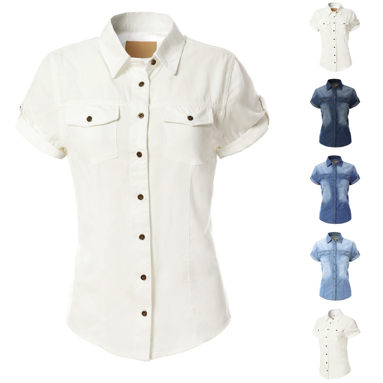 MixMatchy Classic Short Sleeve Button Down Denim Chambray Shirt