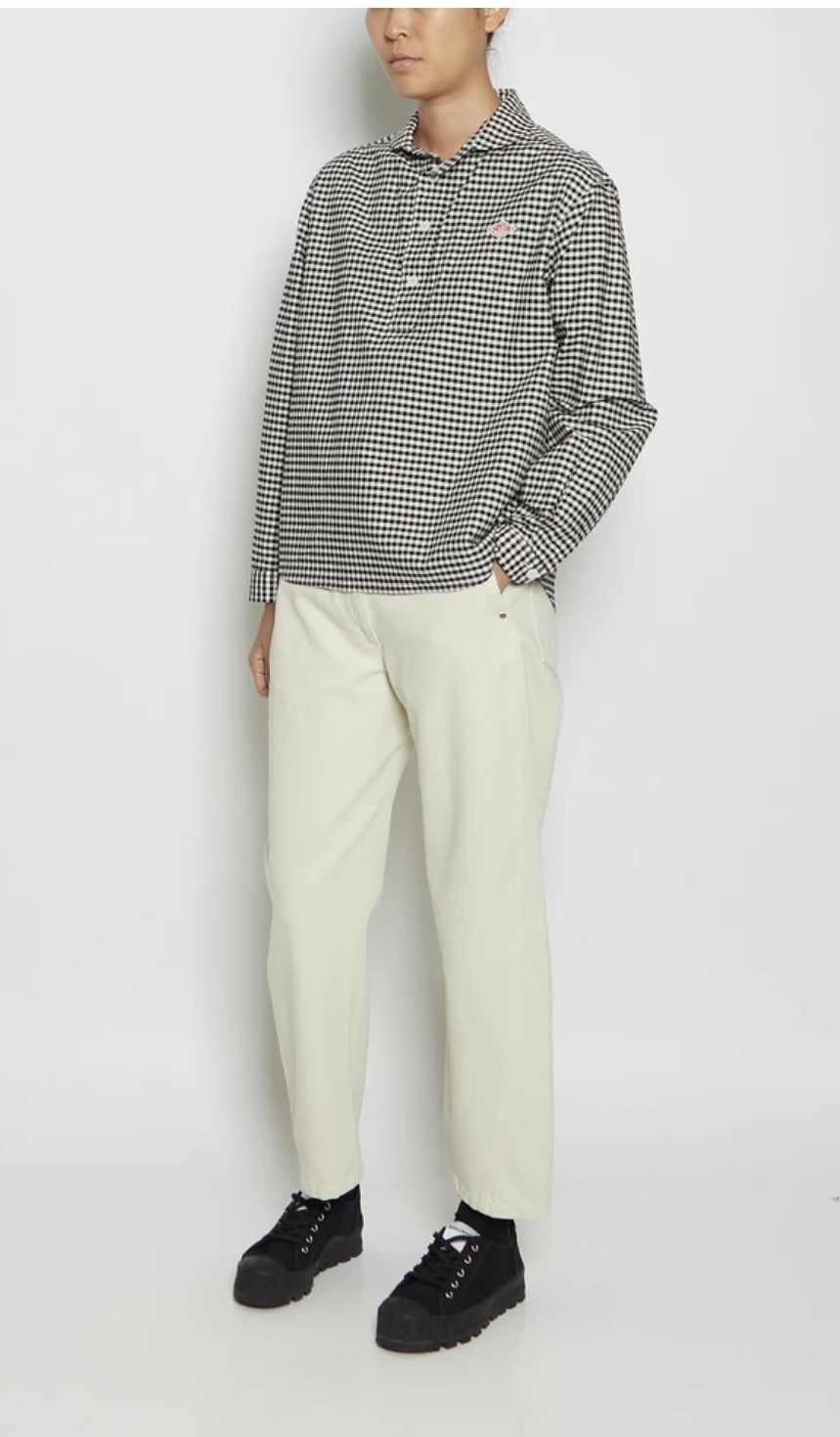 Danton Round Collar Pull Over Cotton Twill Shirt — Black x Ecru Gingham – 38