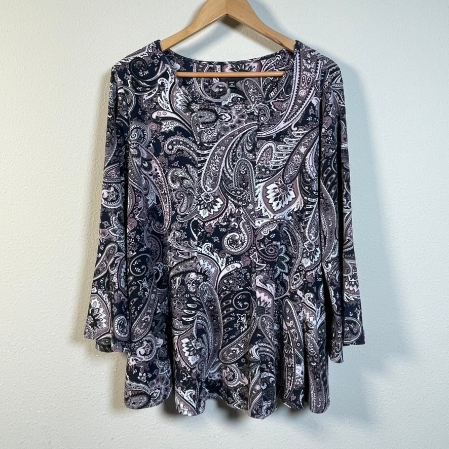 Cocomo Paisley Bell Sleeve Tunic Women 1X Navy Mauve Excellent Boho Career Top