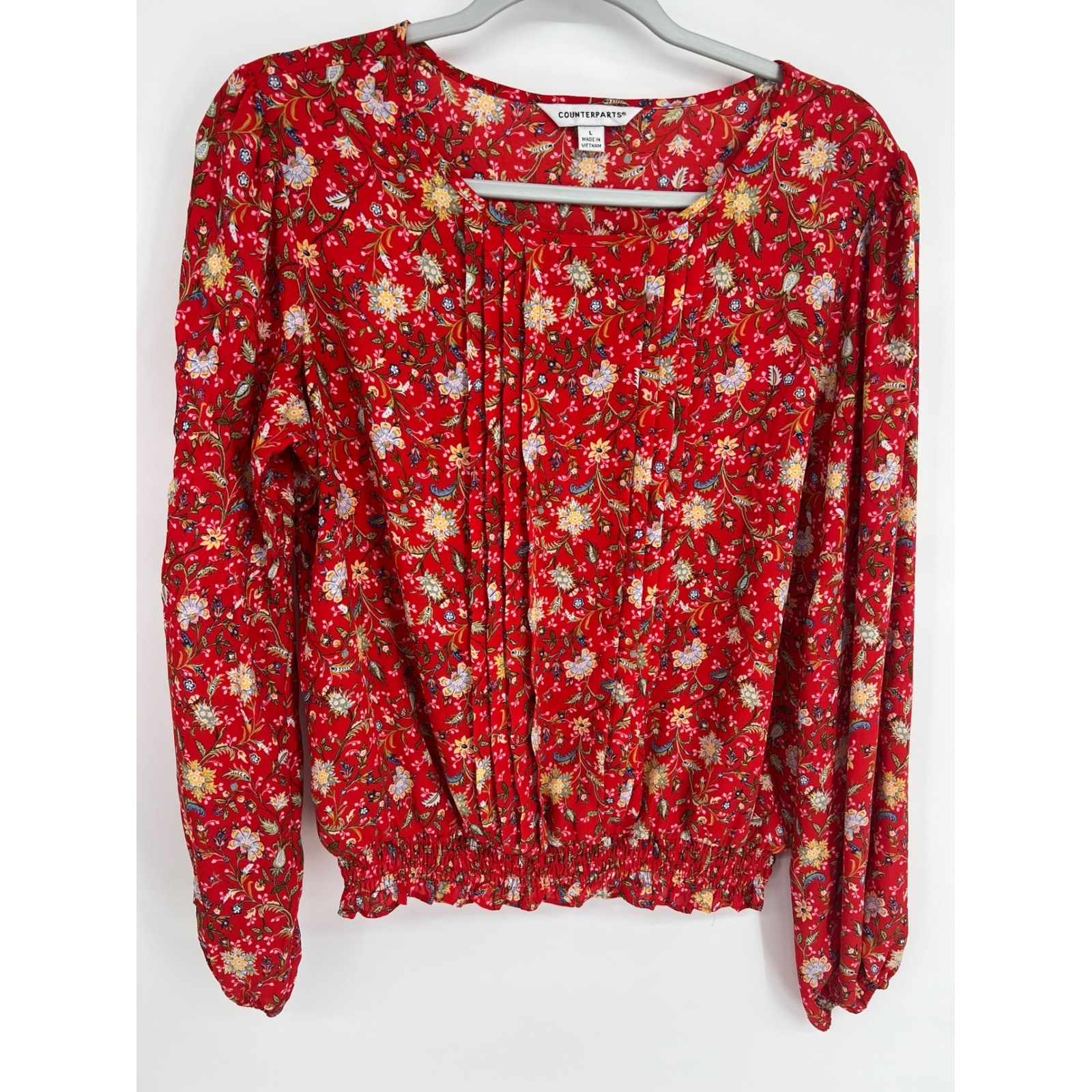 Counterparts Red Floral Paisley Long Sleeve Smocked Hem Blouse Large 912P810HA