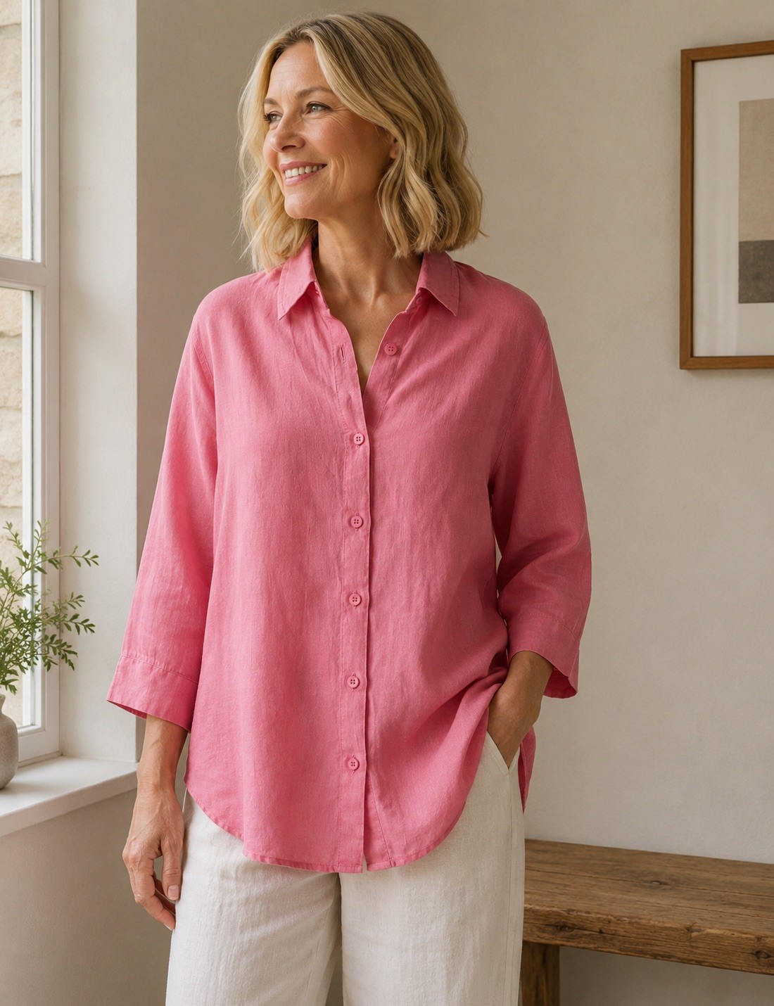 Yellow Label 100% Linen Shirt Pink Oversized Tunic Medium Summer Holiday