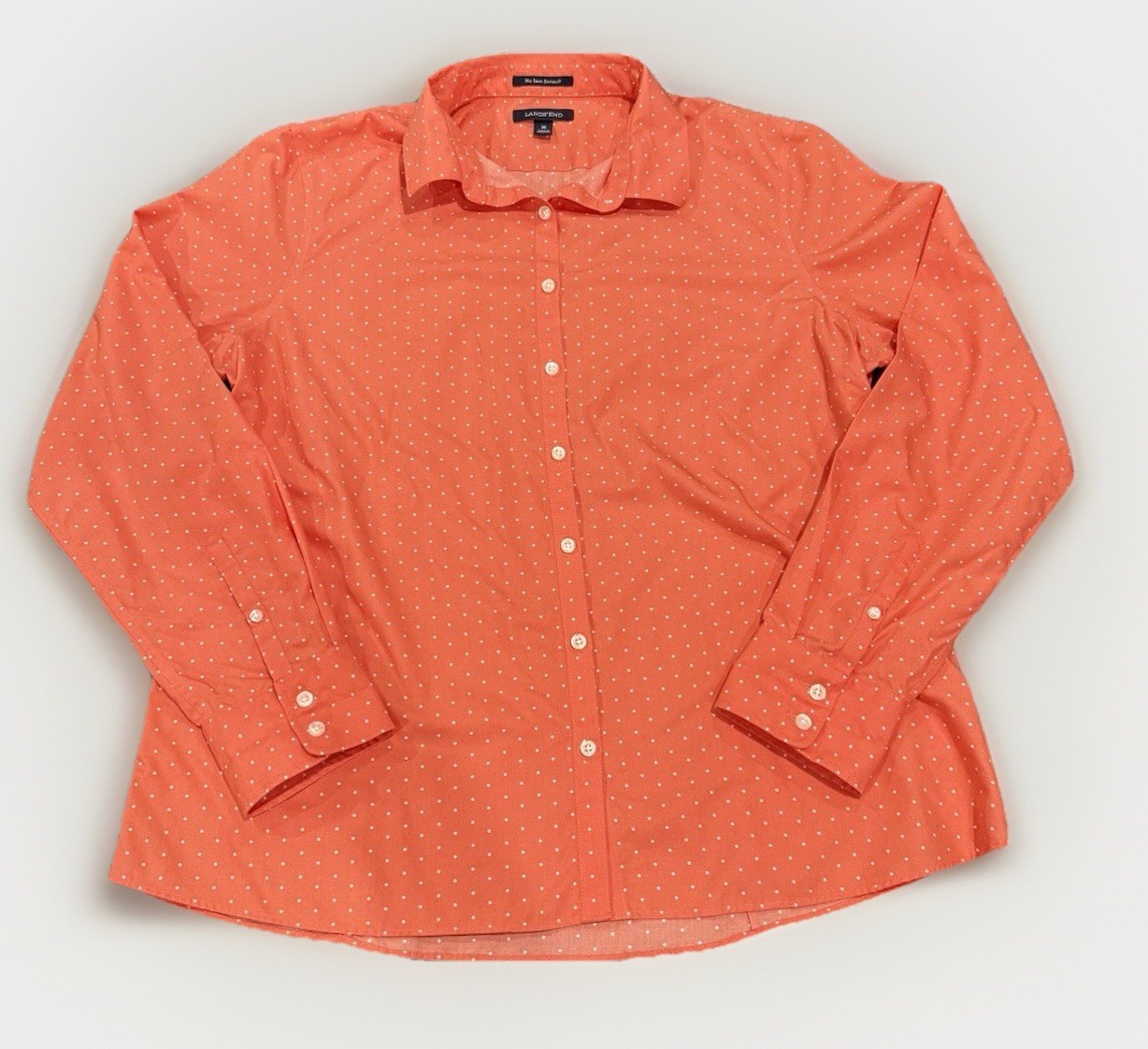 Lands End Women’s Orange White Polka Dot Button Down No Iron Supima Top Size 16