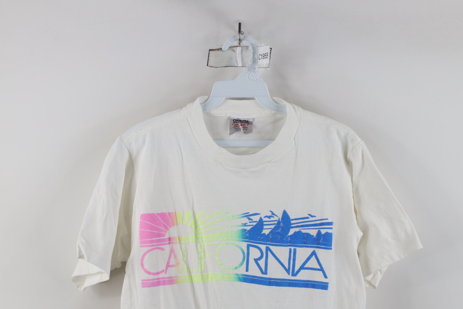 Vtg 80s 90s Streetwear Womens Large Spell Out California Sunset Sailing T-Shirt