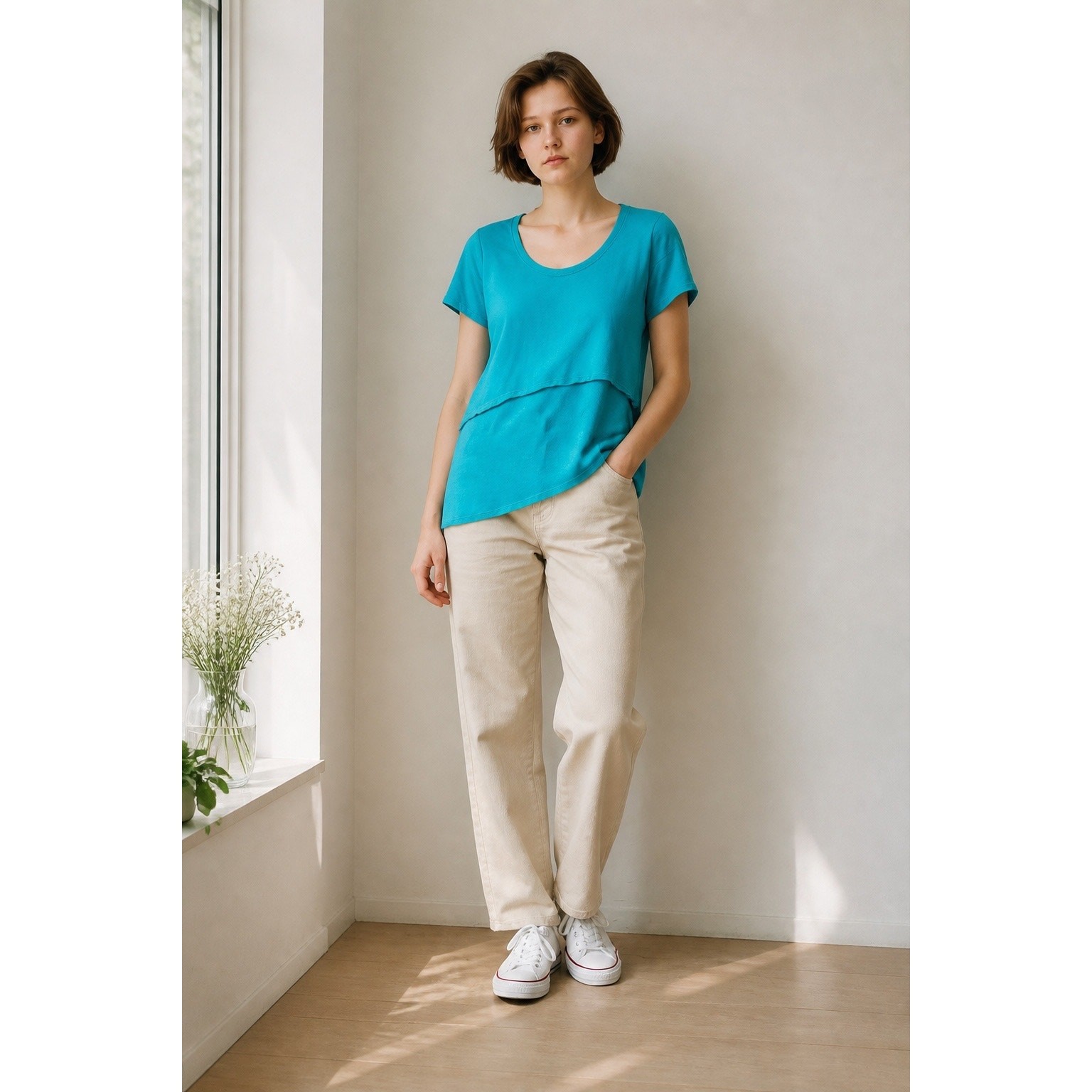 NWT M Joan Vass Turquoise Blue Scoop Neck Layered Asymmetric Short Sleeve Top