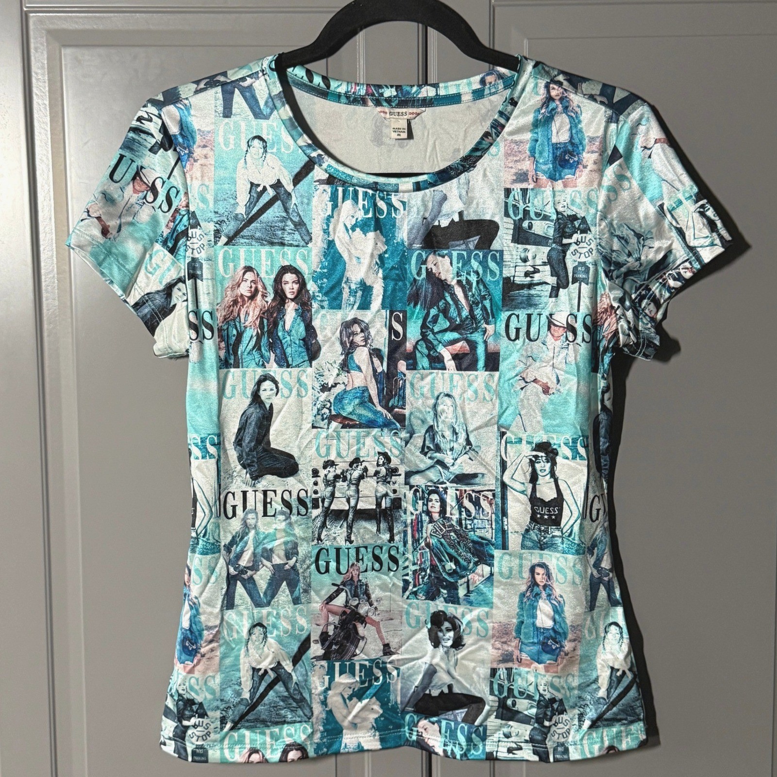 GUESS Y2K Photo Collage Magazine Print Babydoll Tee, Teal,M
