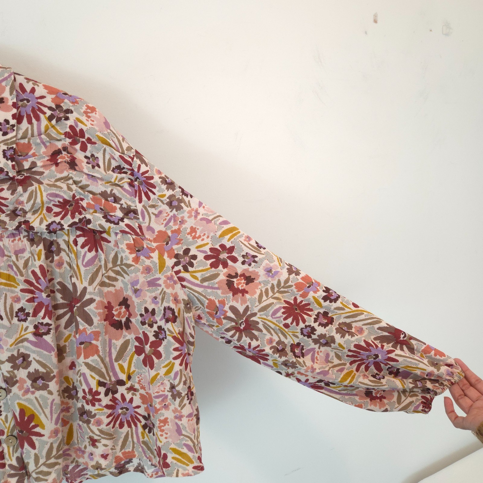 Promesa Women’s Boho Floral Print Blouse Button Front Boxy Long Sleeves Size L