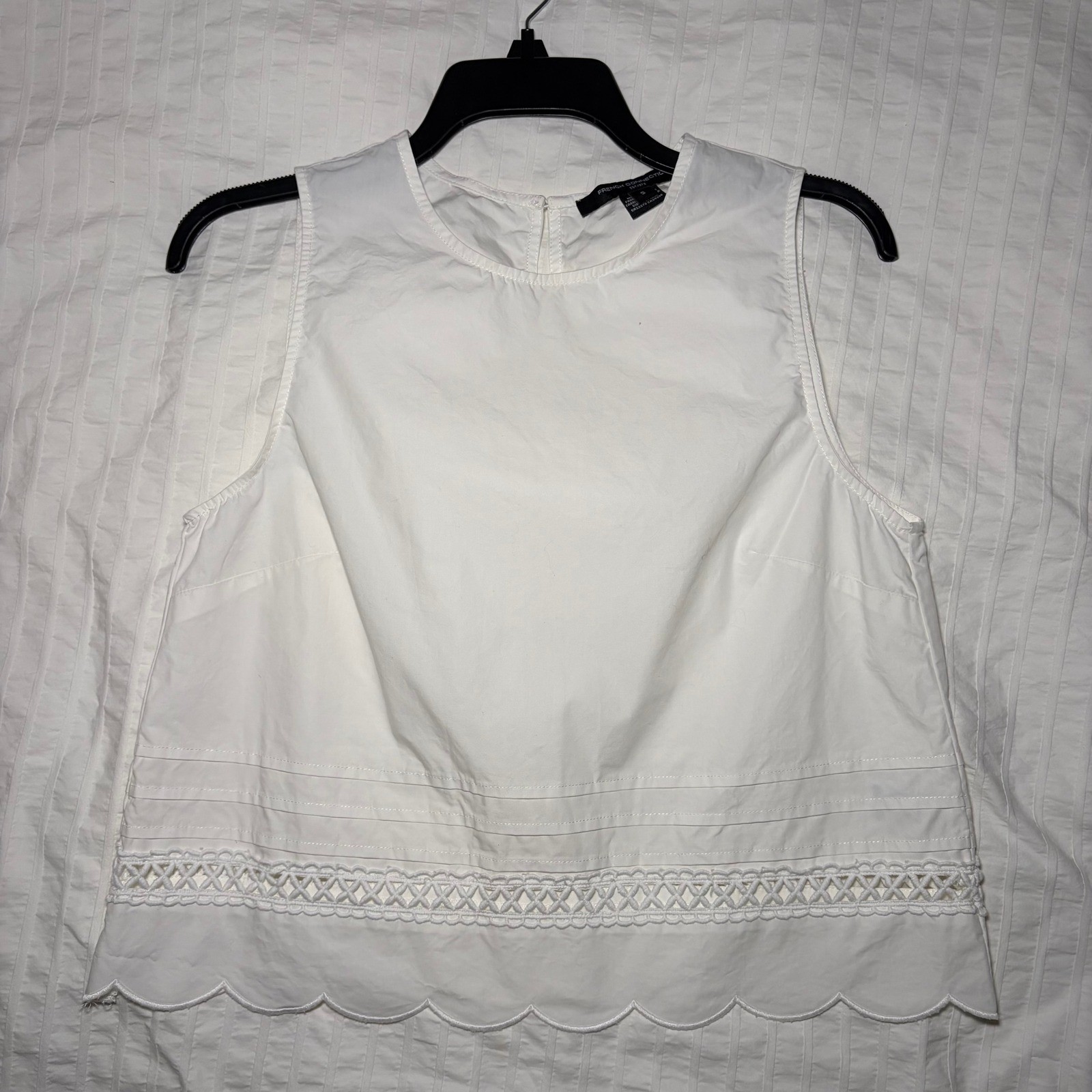 French Connection Top Women Small White Sleeveless Scalloped Eyelet Boho Blouse