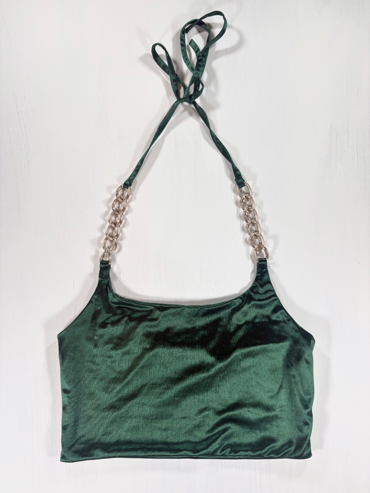 Emerald Green Satin Chain Strap Halter Crop Top Party Club Y2K