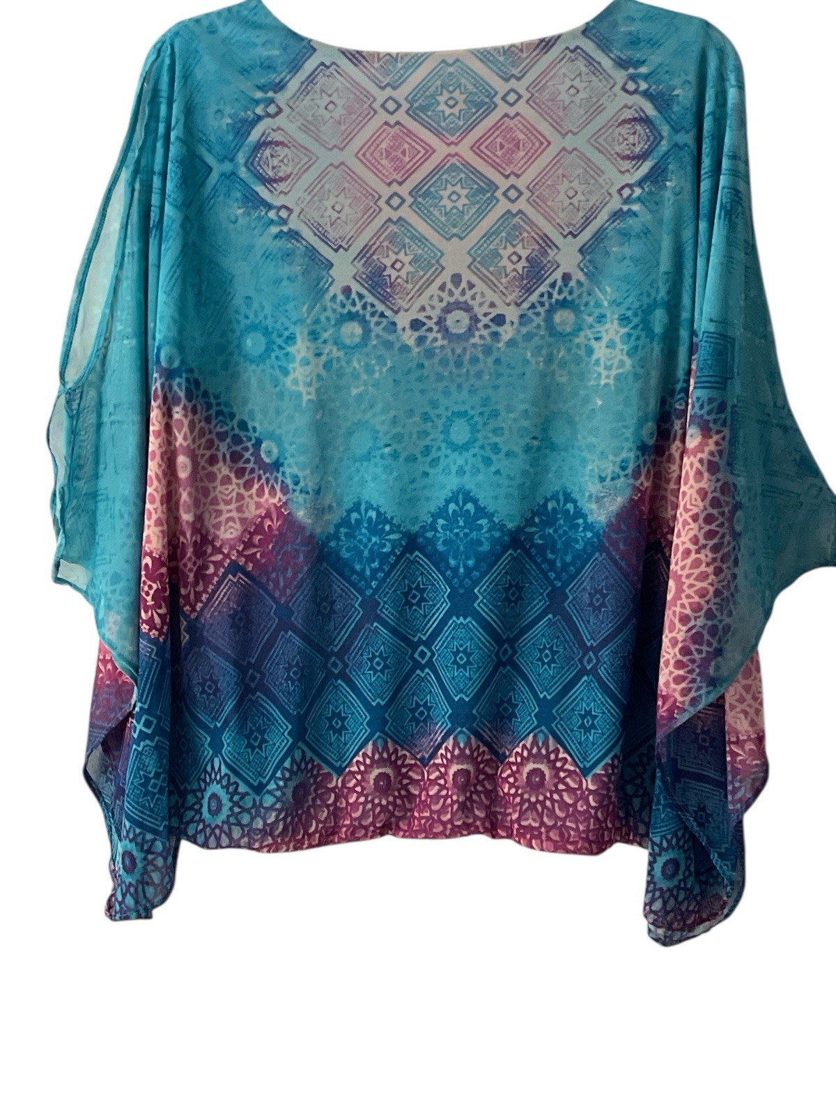 Chicos Top Womens L Stretch Poncho Tunic Mesh Lined Slit Kimono Sleeves Blouson