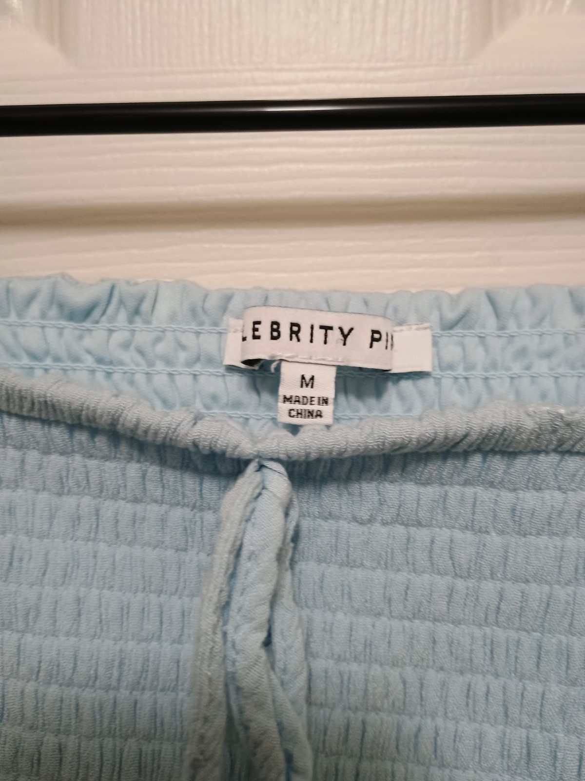 Celebrity Pink Light Blue Square Neck Puff Sleeve Cropped Blouse Size M
