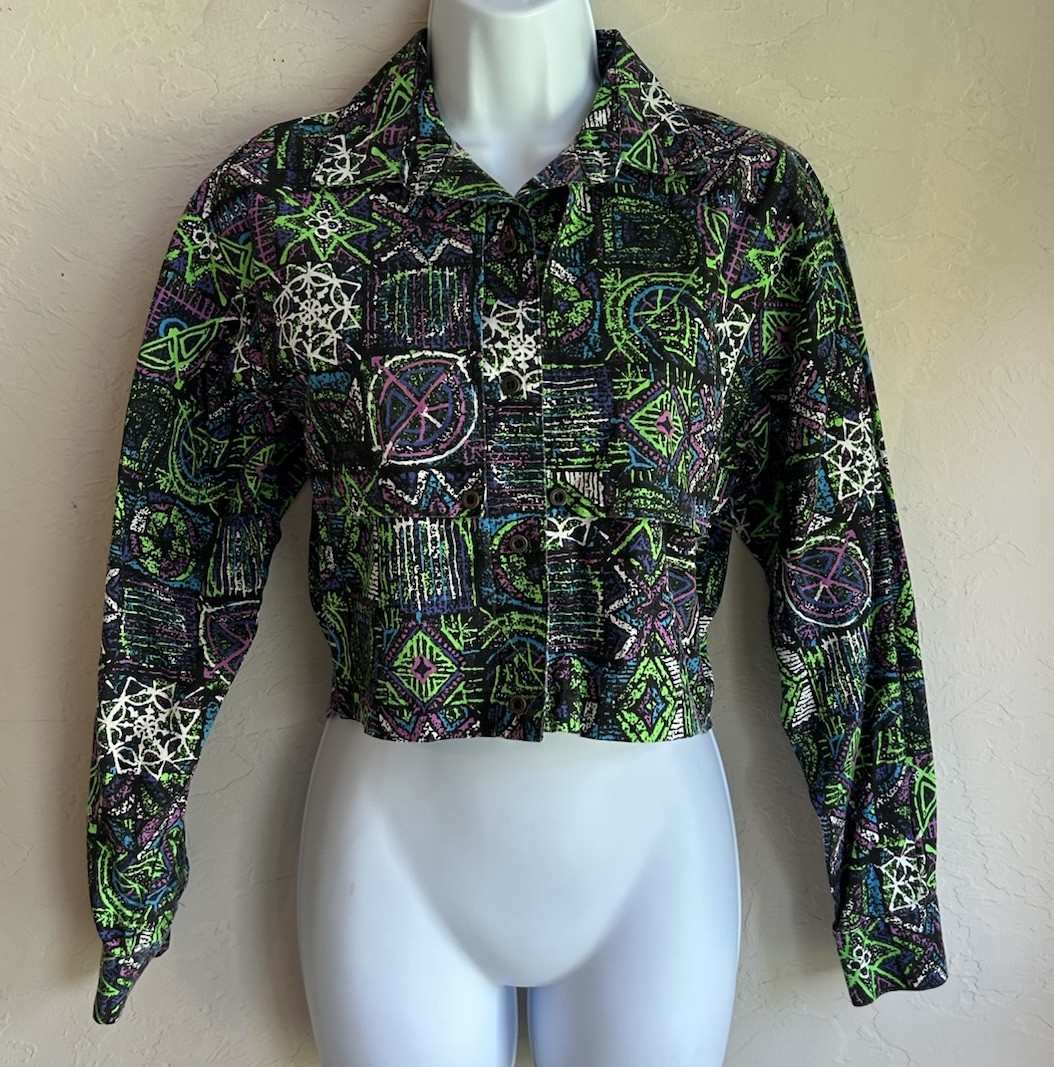 Vintage Banjo Dallas Cropped Button Up Top M Neon Maximalist Rave Grunge 80s 90s