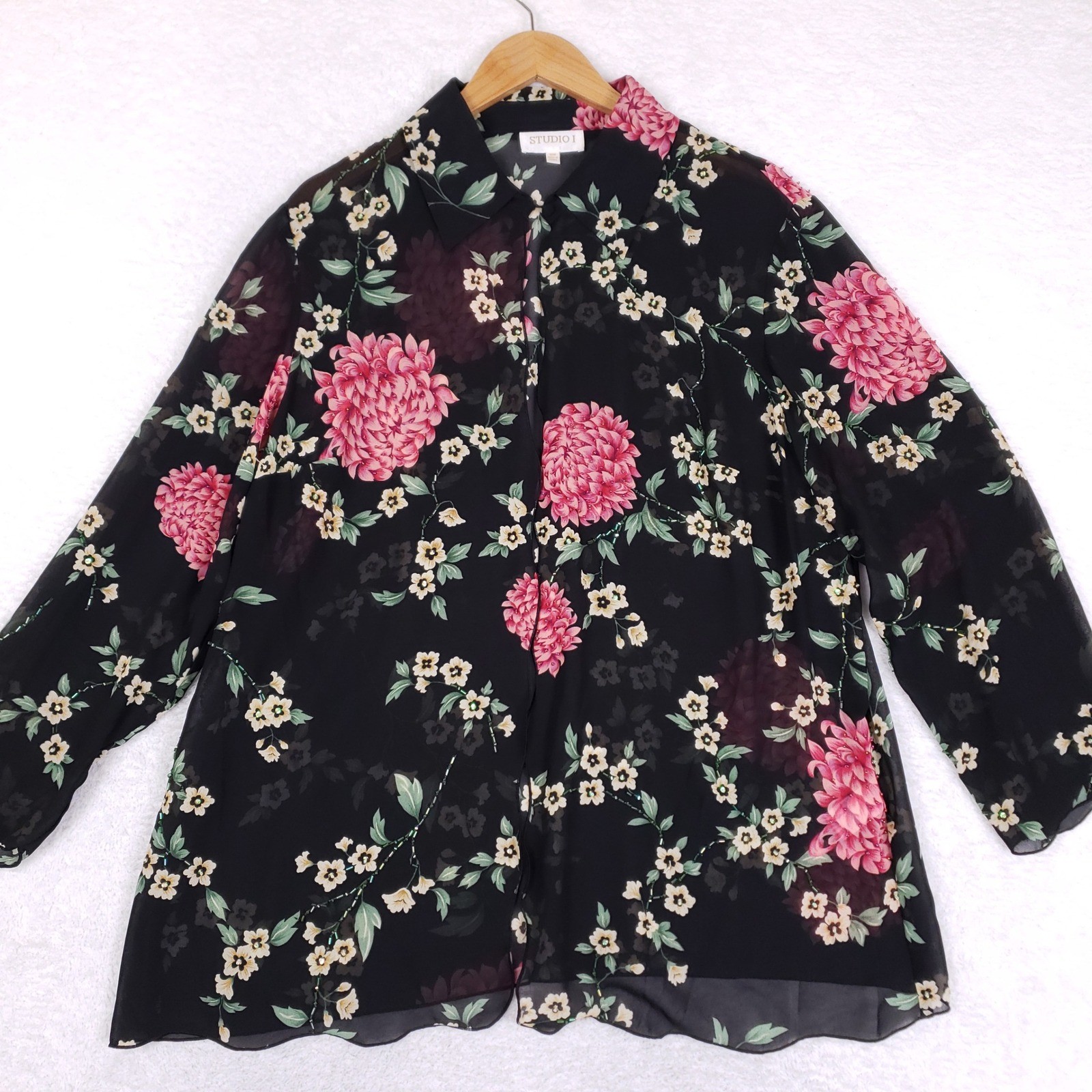 Studio I Blouse Womens 16W Black Sheer Chiffon Beaded Floral Whimsigoth Shirt