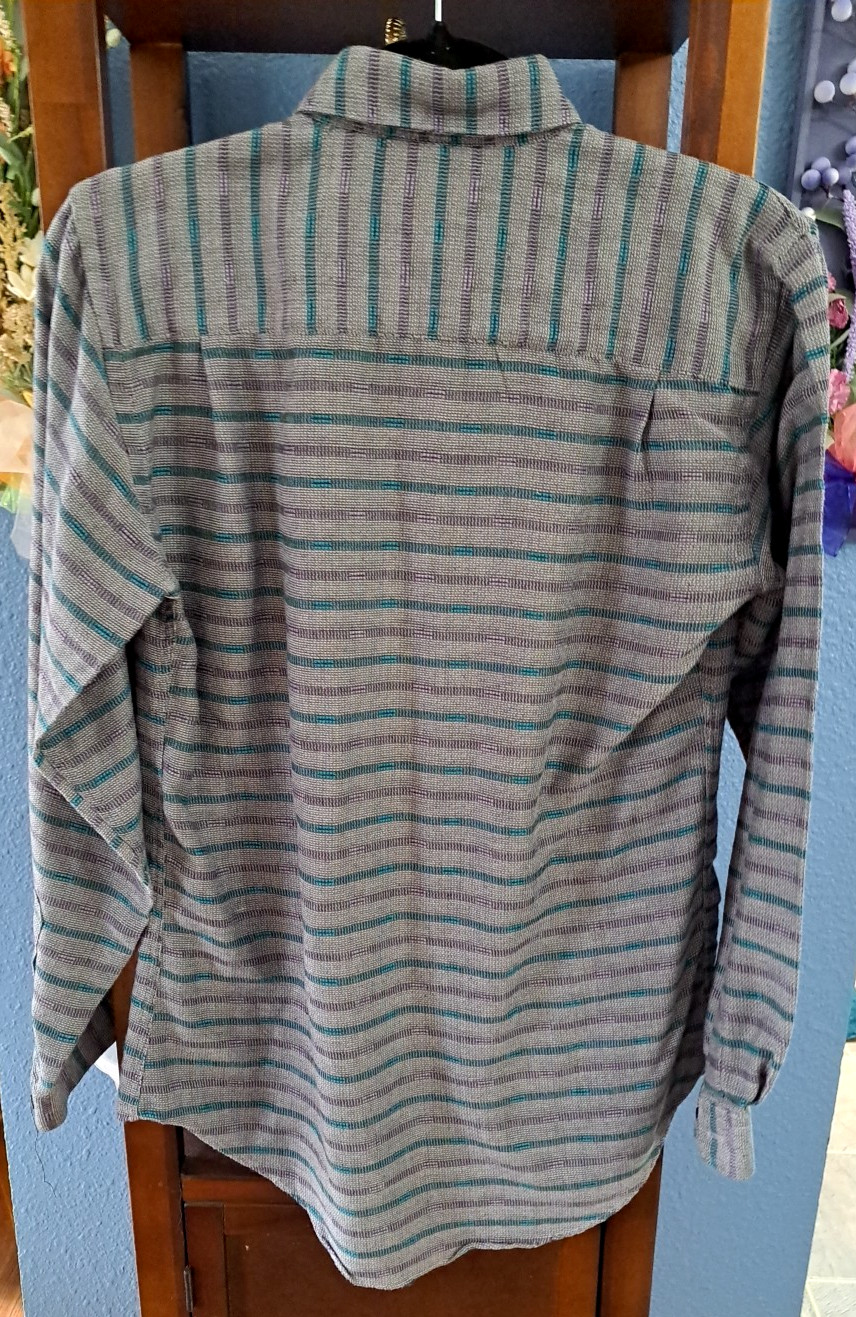 VTG Jordache Women S Gray Purple Blue Stripe Button Semi-Sheer Shirt Blouse Top