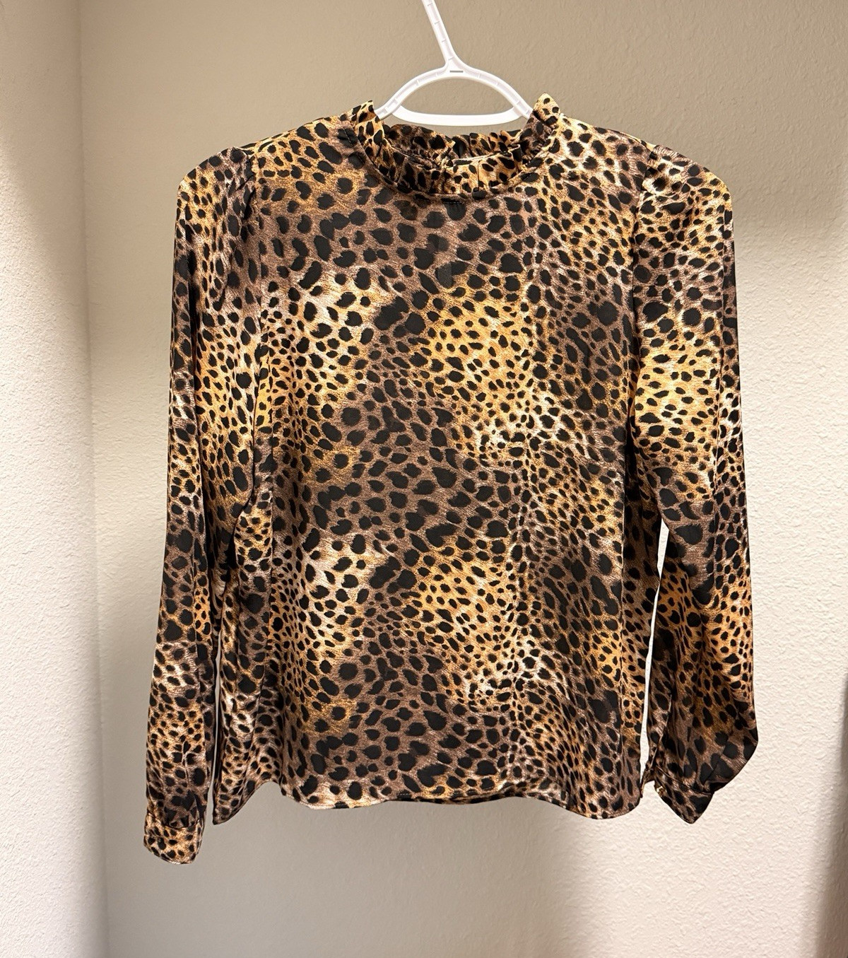 Ann Taylor Factory Petite XXS Leopard Print Mock Neck Long Sleeve Button Blouse