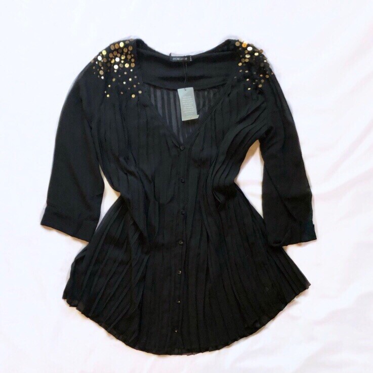 Stone Row Black Sheer Sequins Pleated Button Tunic Flowy Top Size Medium