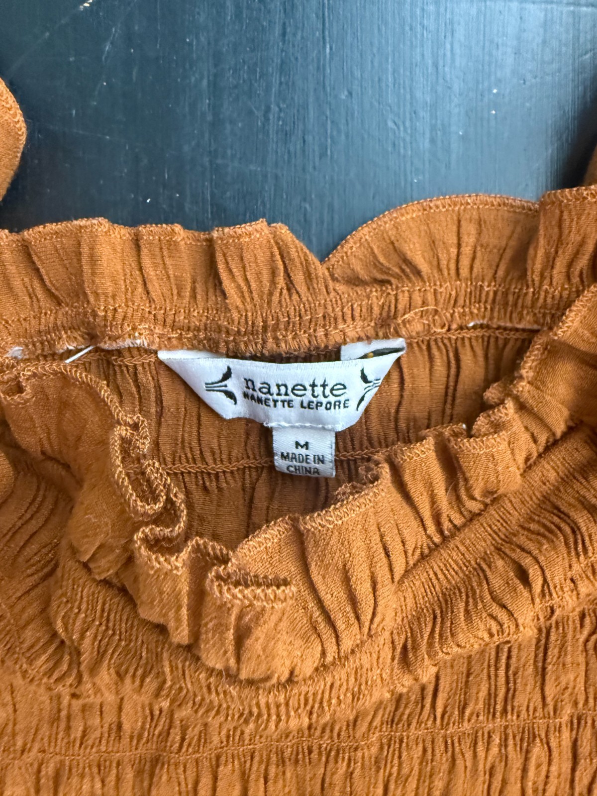 Nanette Lepore Smocked Square Neck Ruffle Sleeve Peplum Top Rust Orange Medium