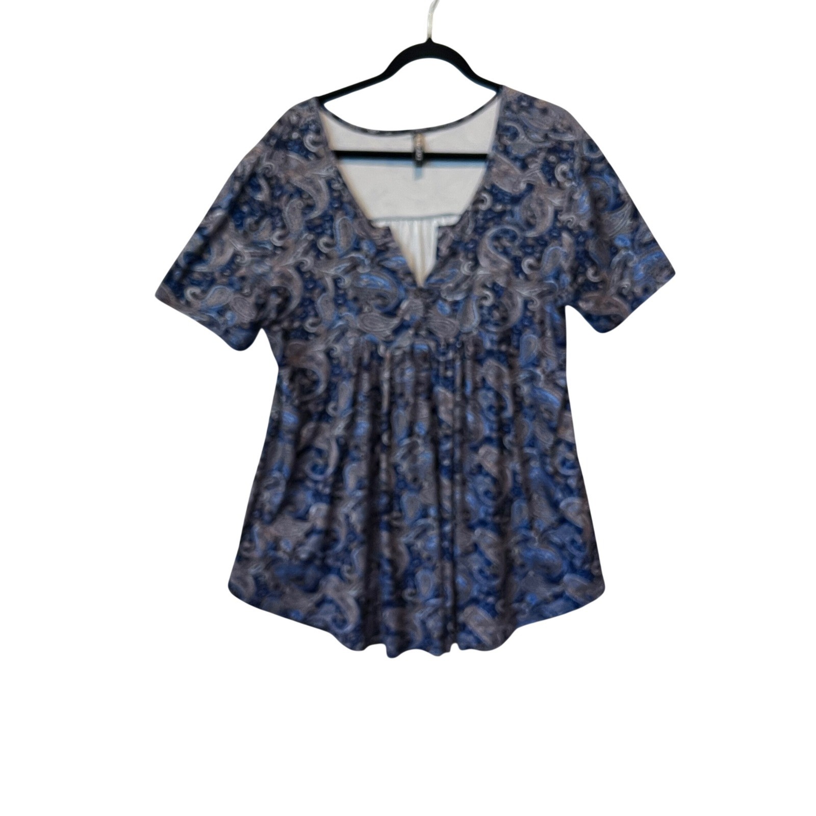 Allegrace Blue Paisley Babydoll V-Neck Short Sleeve Tunic Top 1X Plus Size