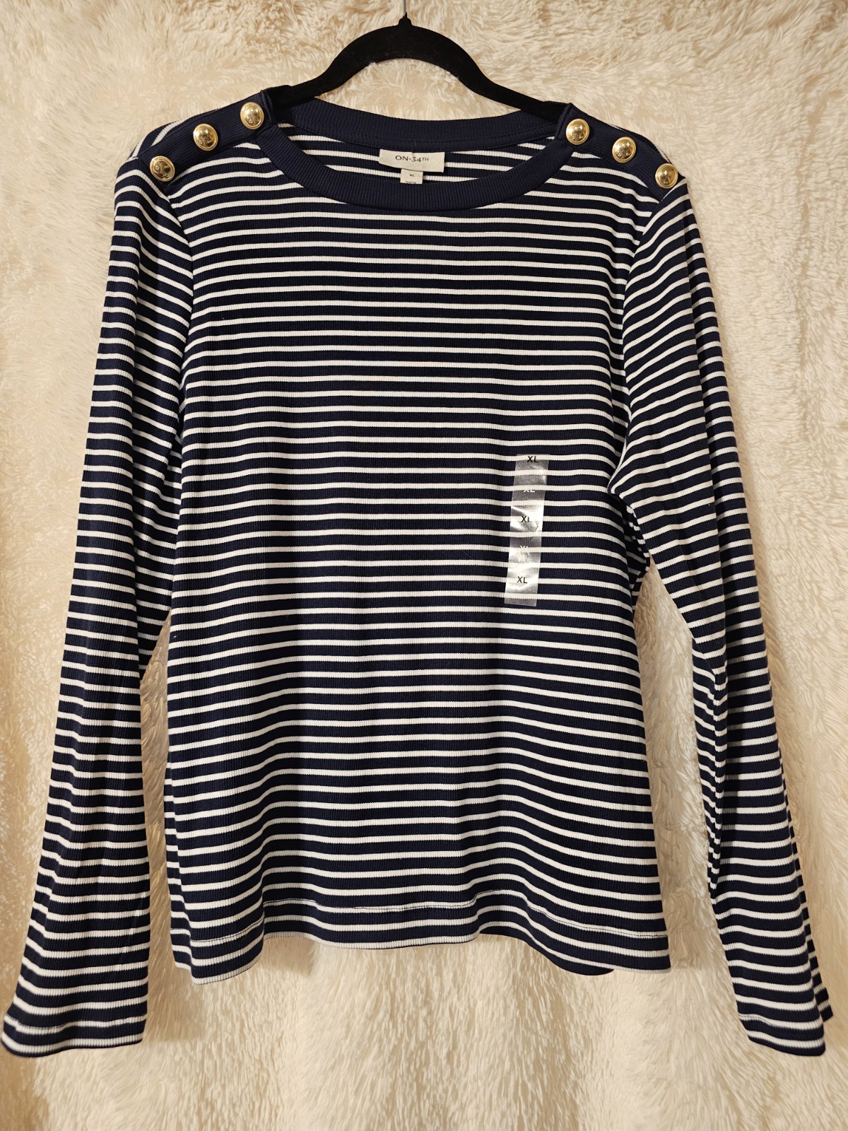On 34th Macy’s Women’s Size XLarge Top Navy Blue White Striped Gold Button…