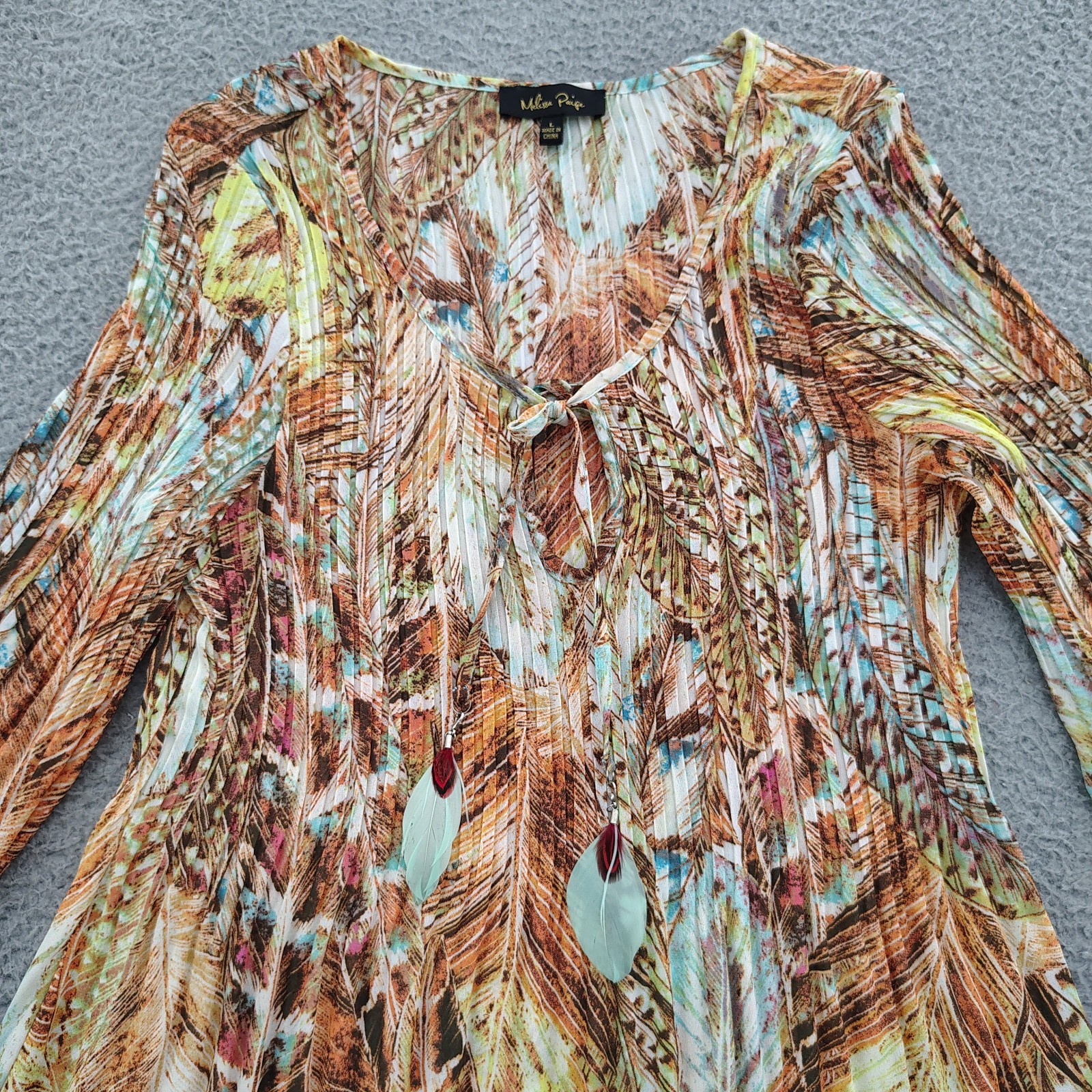 Melissa Paige Blouse Womens L Multicolor Feather Print Boho Tie Neck Long Sleeve
