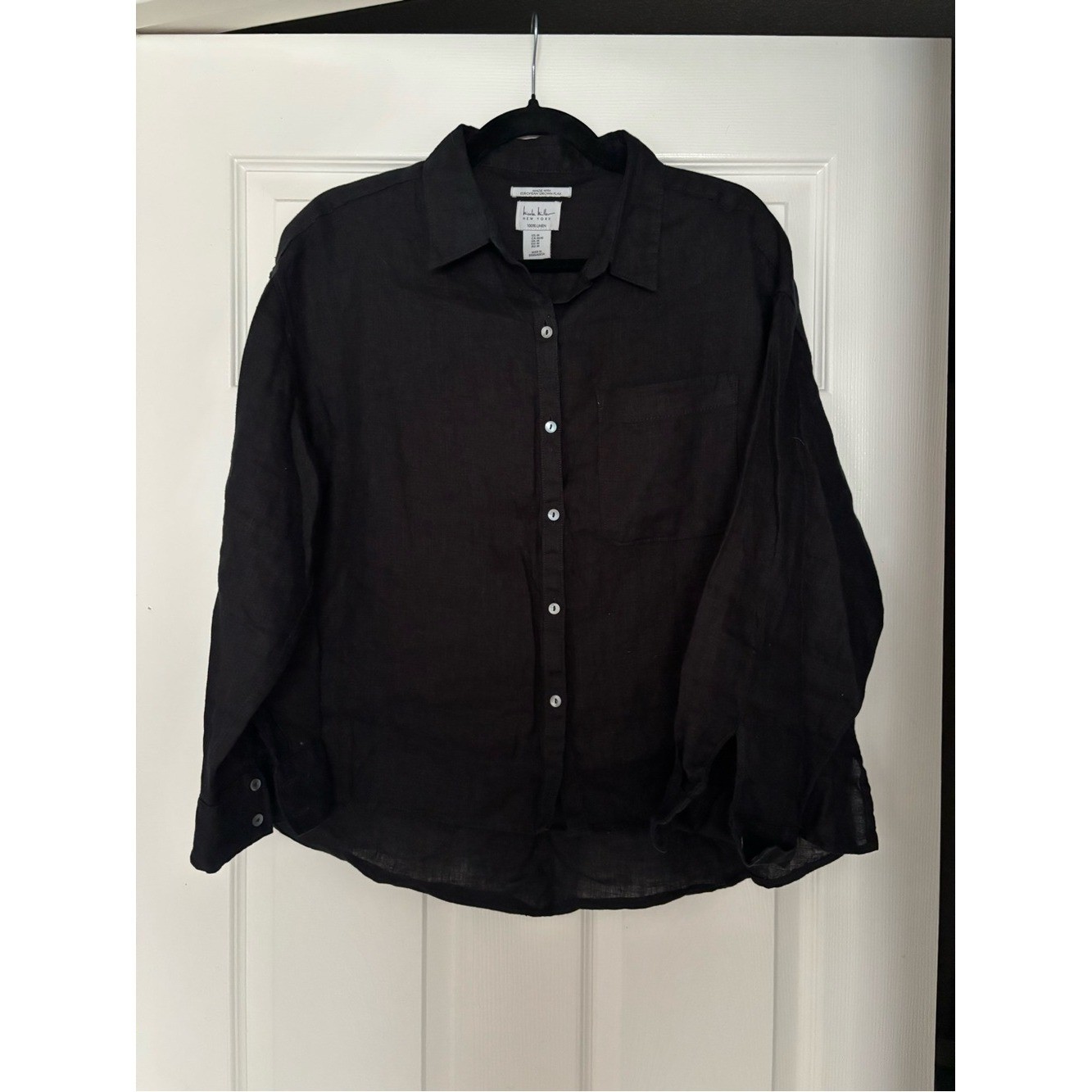 Nicole Miller New York 100% Linen Black Button Down Shirt European Flax Size M