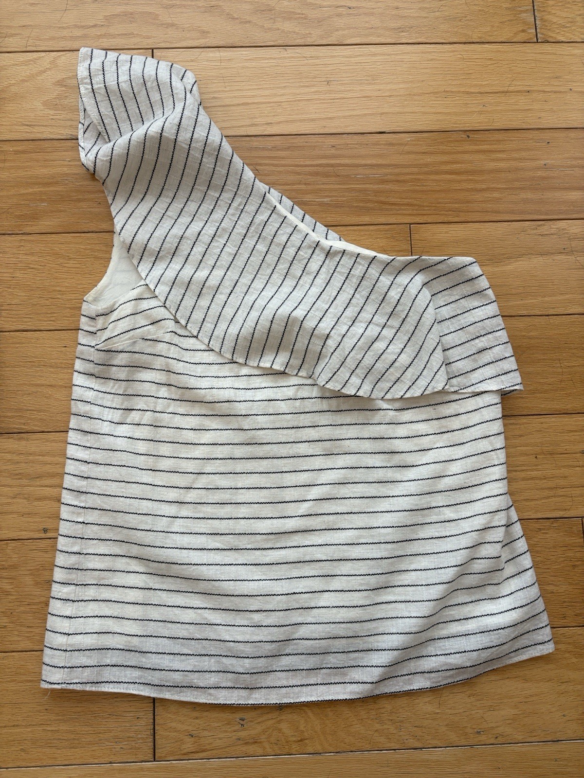 L’Academie Women’s White/Black Striped One Shoulder Ruffle Woven Top, XS