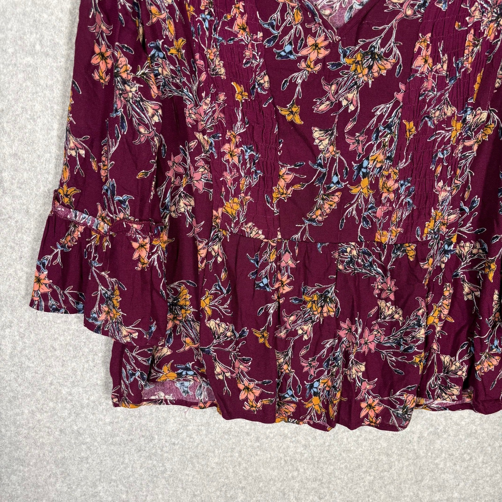 Xhilaration Blouse Medium Burgundy Tiered Smocked Cottage Peasant Boho Farmhouse