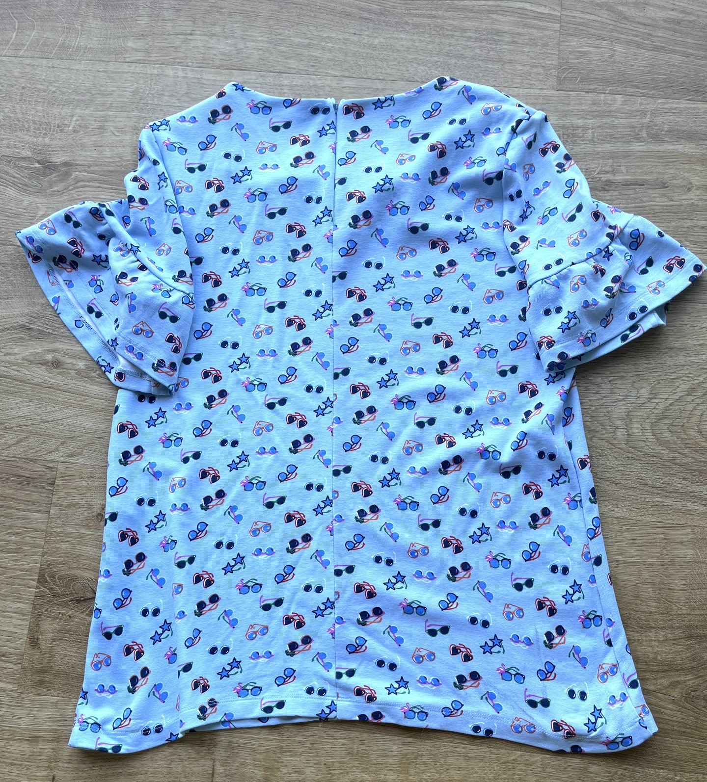 Cath Kidston T-Shirt UK12 Blue Sunglasses Print Flared Short Sleeves