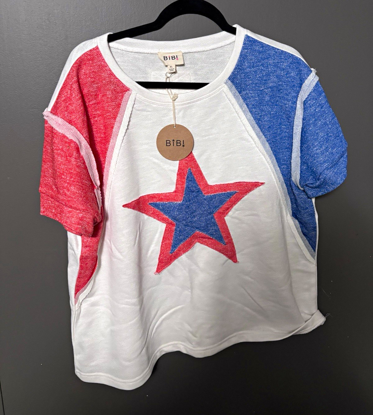 BiBi Women’s S White Red Blue Star Patriotic Knit Short Sleeve Round Neck Tee