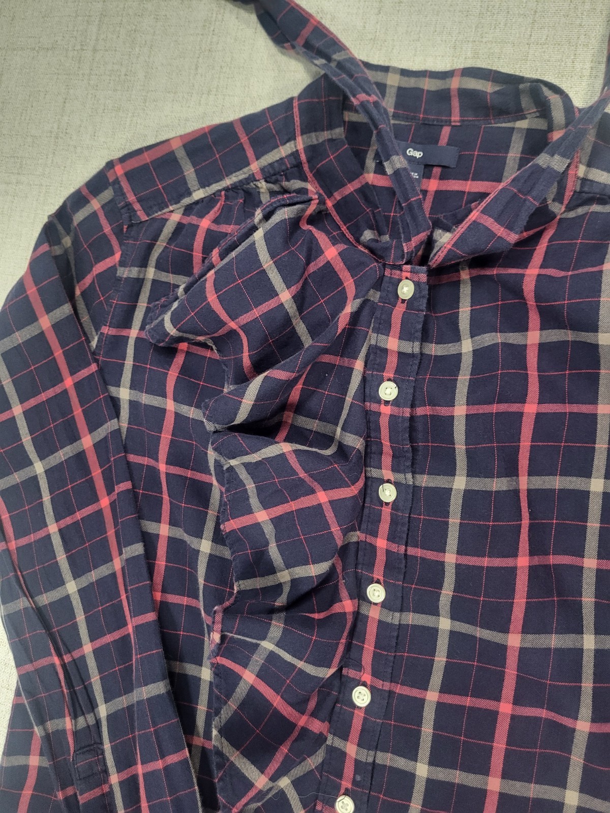 Gap Navy And Pink Front Ruffle Plaid Button Shirt with Self Tie Bow Size M