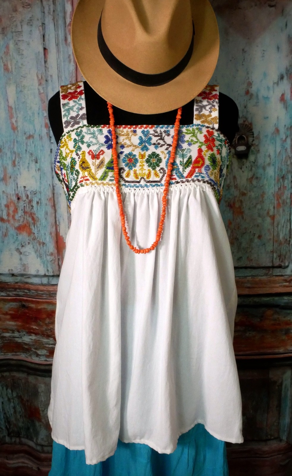 Peasant Top or Short Dress Hand Beaded Chaquira Nahua Huitzilteca Puebla Mexican