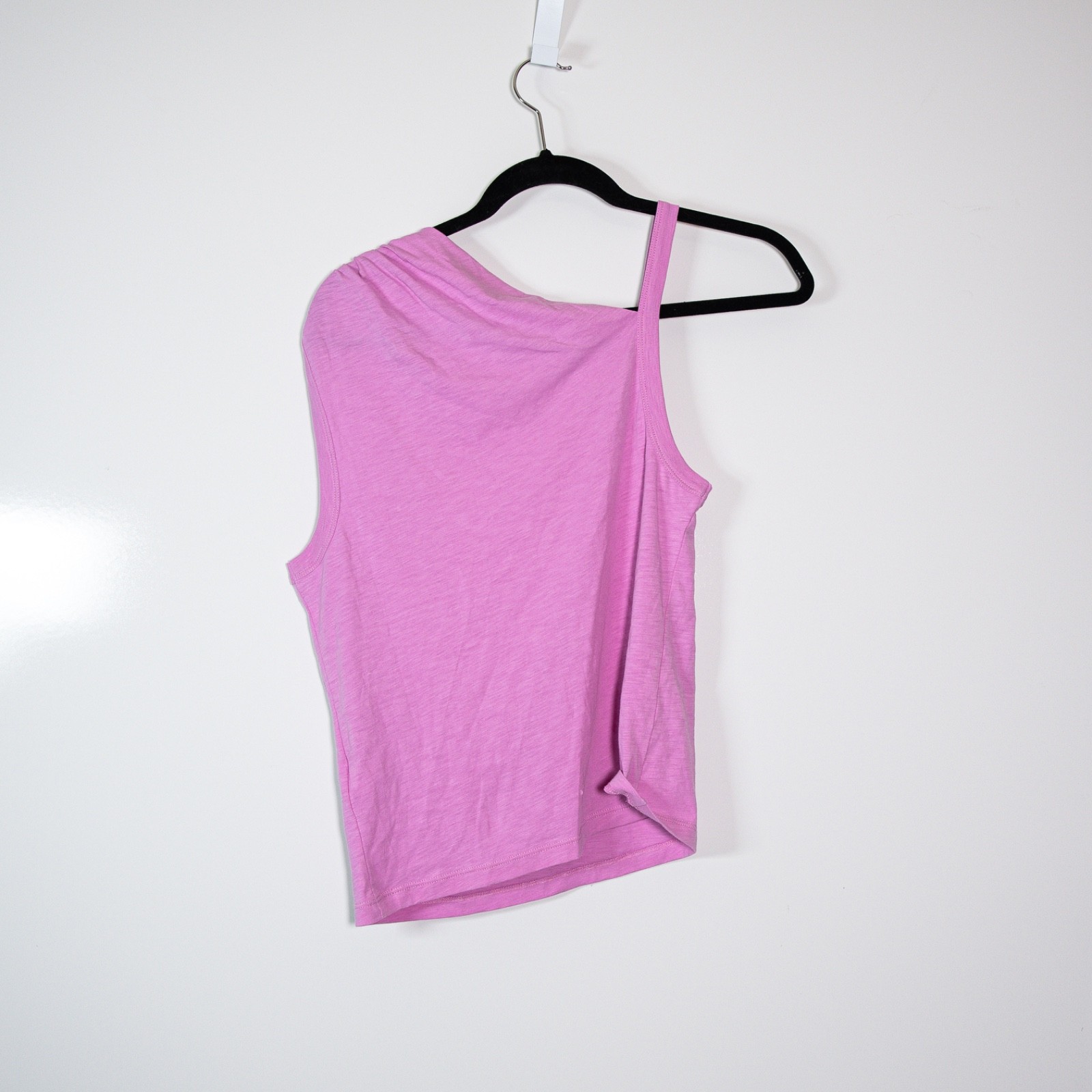Nation Los Angeles Quin Asymmetrical Ruched Shoulder Cotton Tee Shirt Top Dahlia