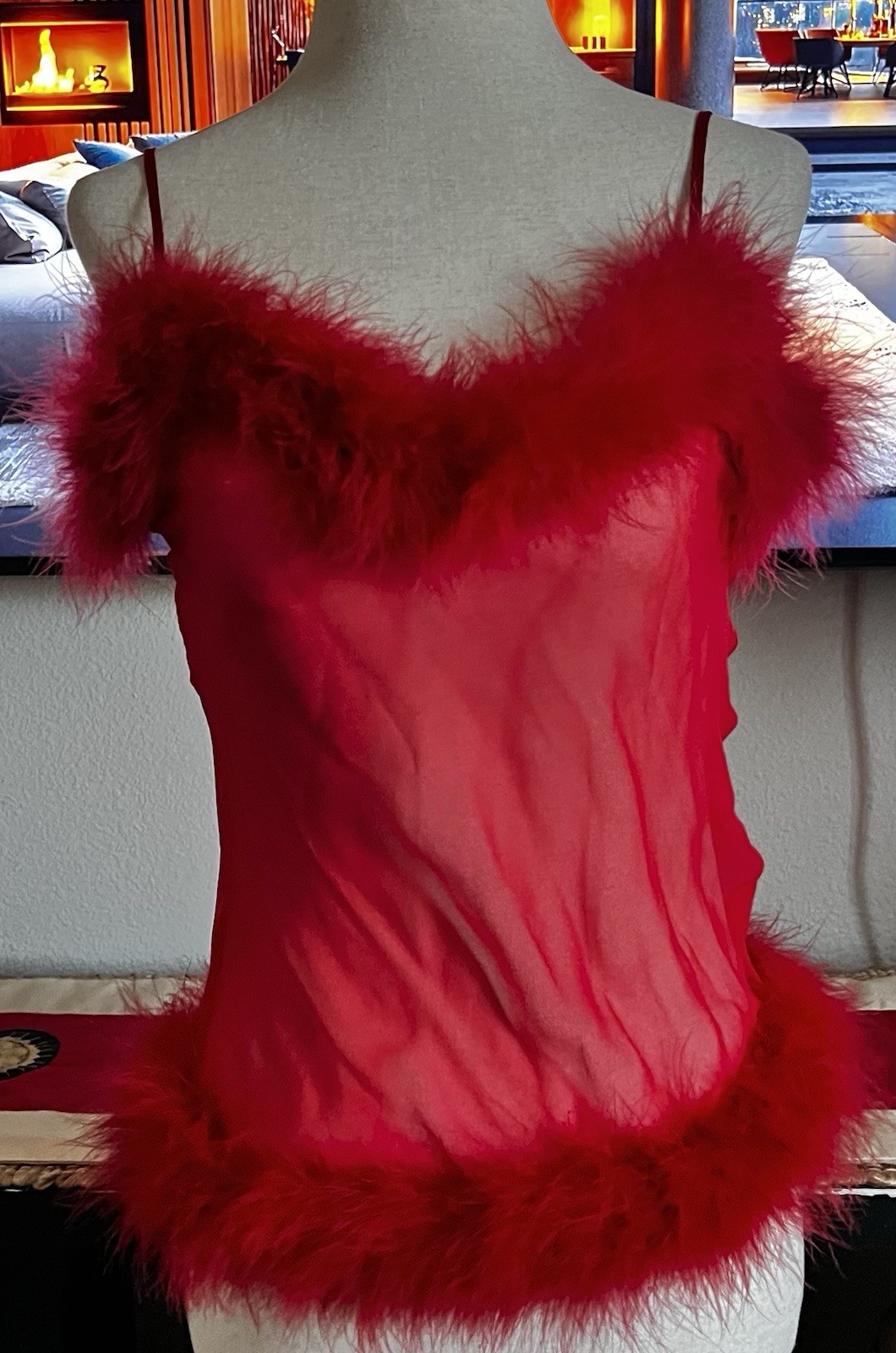 Womens Magic Silk 100% Silk red faux feather-trim babydoll see through tank top