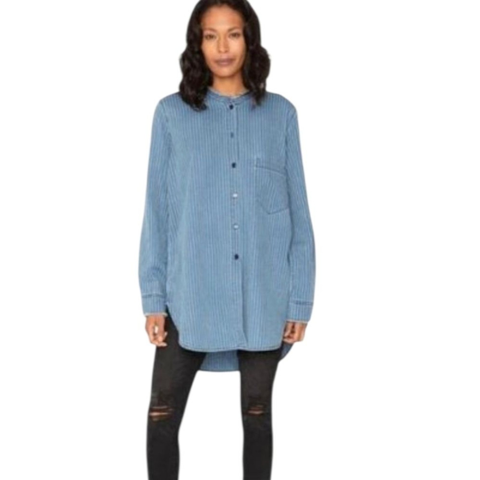 Sandrine Rose x Free People Mandarin Pinstripe Frayed Tunic Denim Shirt Sz M