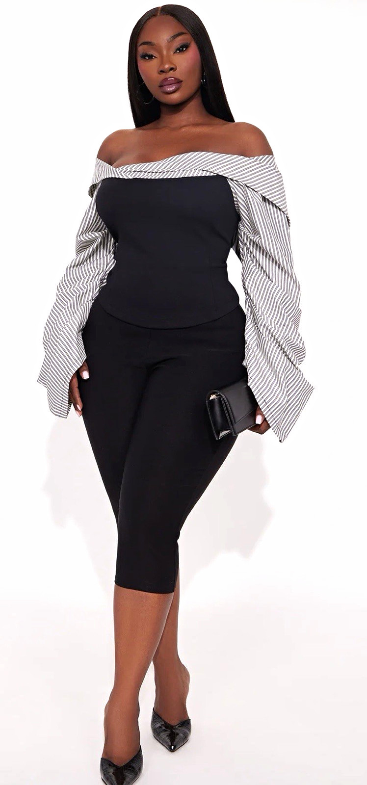 Fashion Nova Plus 2XL Black/White Striped Off-Shoulder Cropped Bell Sleeve