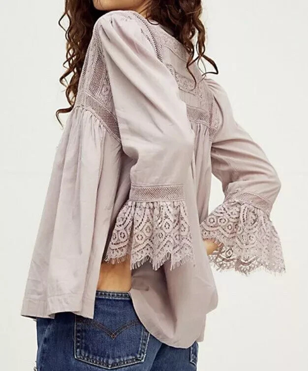 Free People Esme Button Up Top Boho Crochet Romantic Lavender Mauve NWT $128 XS