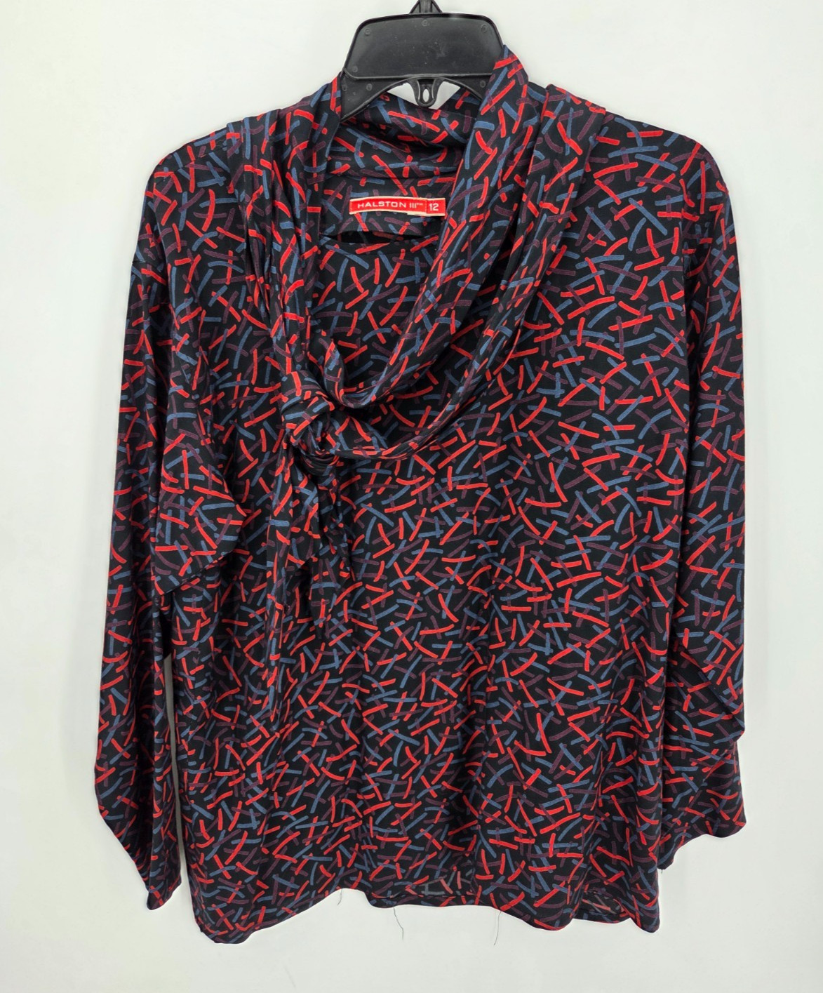 Halston III Vintage Blouse Womens 12 Black Red Blue Geometric Print Tie Neck Top