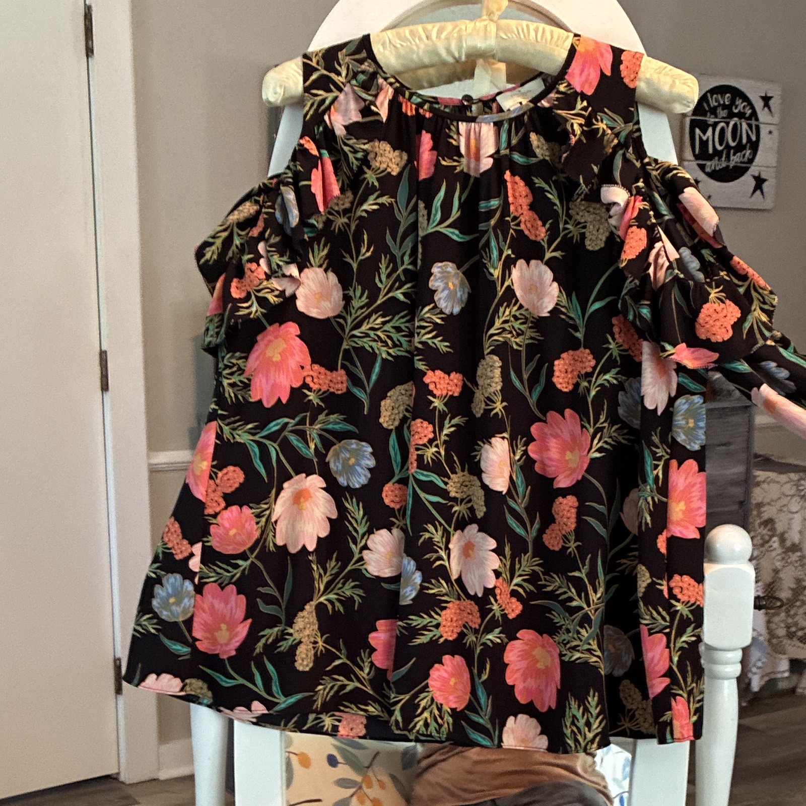 Kate Spade New York Women’s M Black Multicolor Floral Cold Shoulder Blouse.